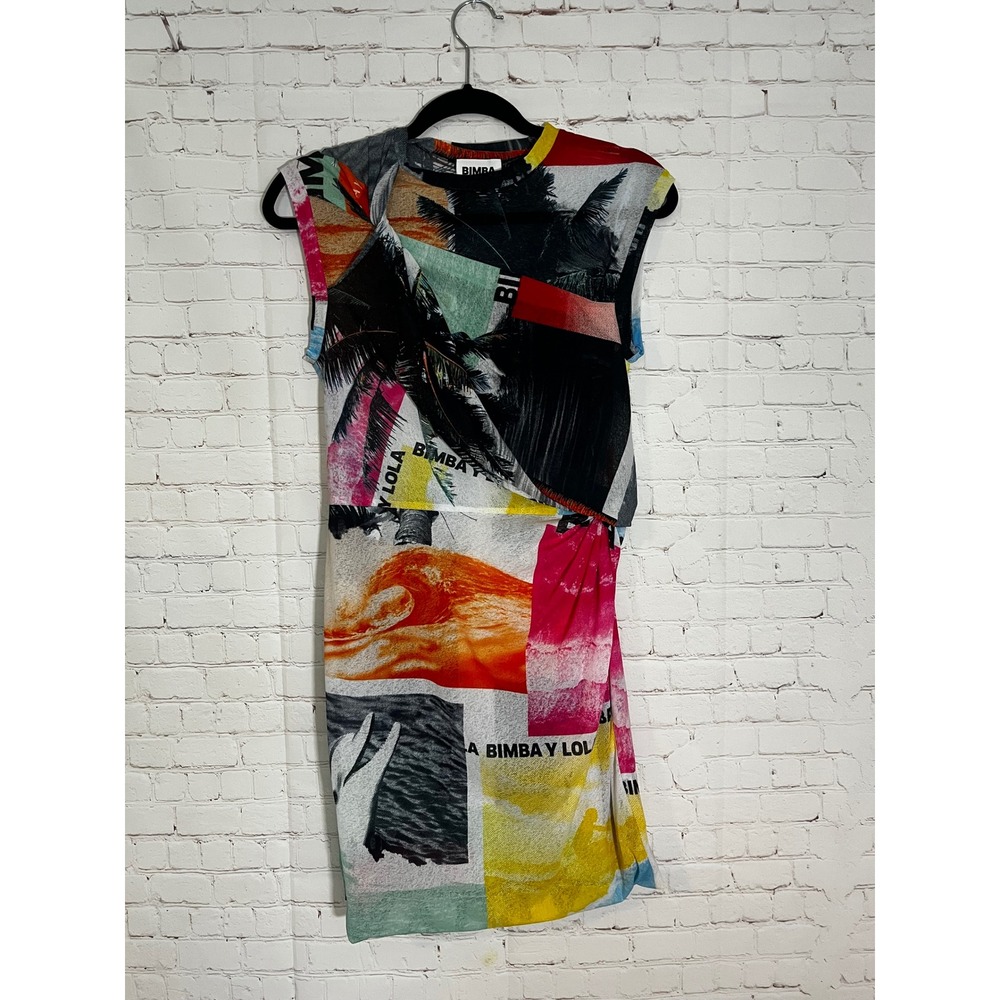 Bimba Y Lola Womens Multi Color Tropical Collage Print Twisted Mini Dress Size M